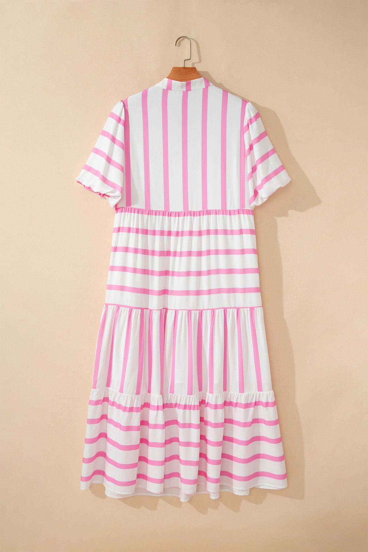 Pink Stripe Plus Size V-Neck Short Puff Sleeve Tiered Maxi Dress