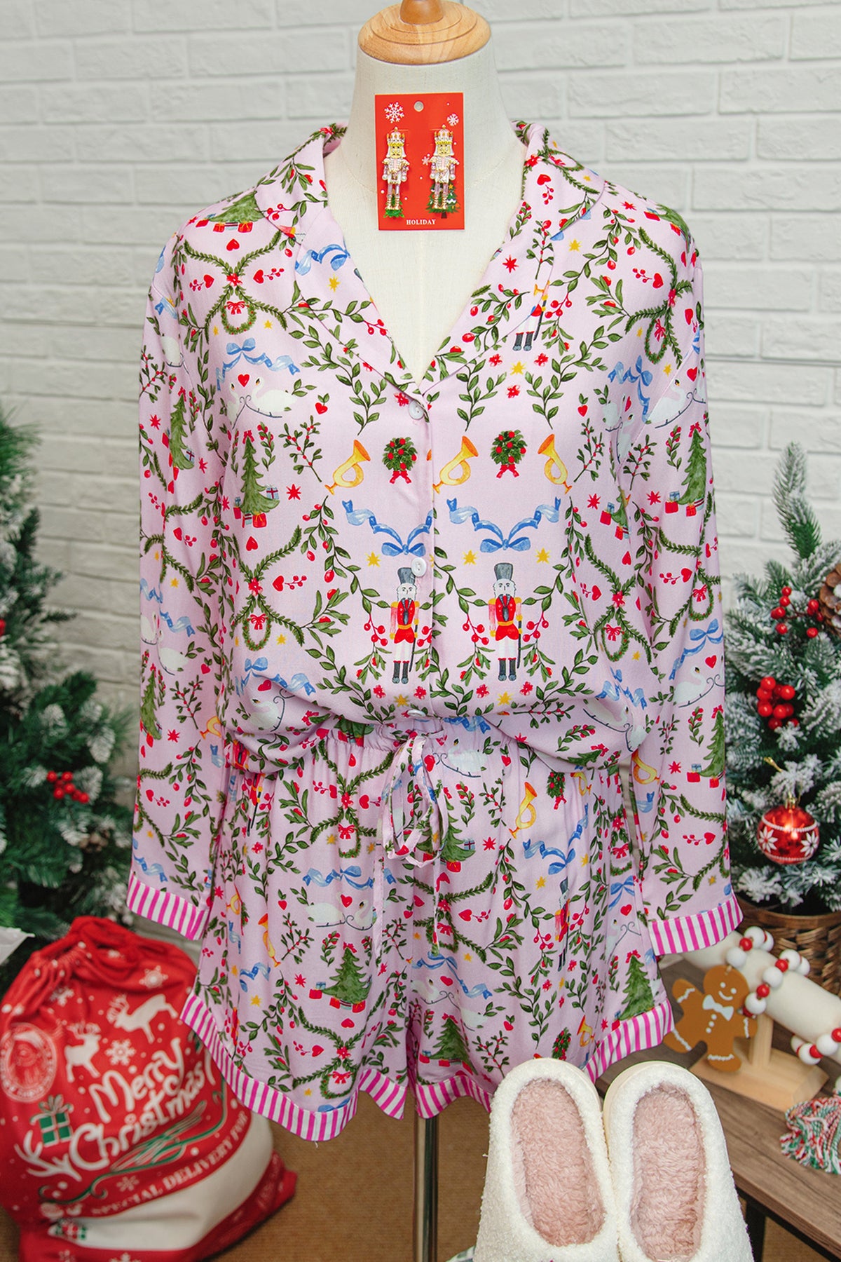 Pink Nutcracker Christmas Print Long Sleeve Shorts Pajama Set