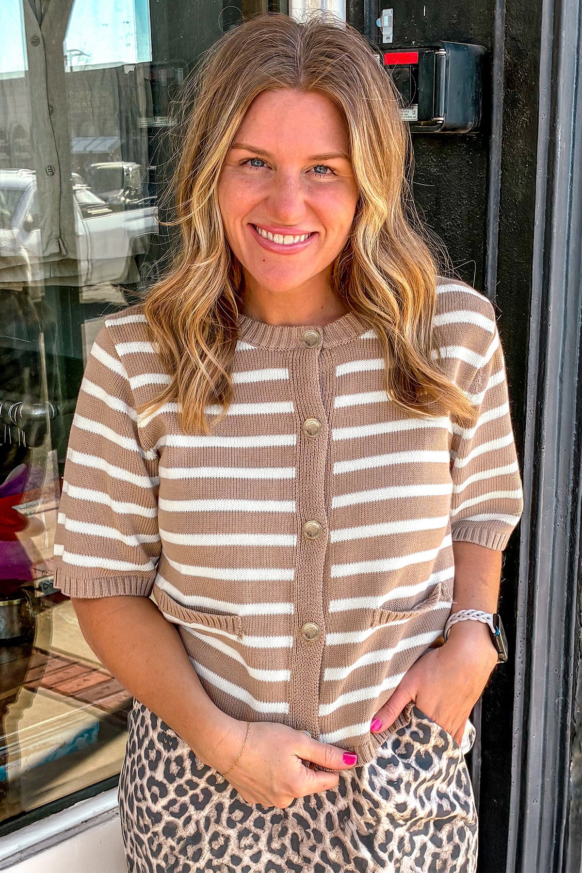 Khaki Stripe Button Down Short-Sleeve Knit Plus Size Cardigan