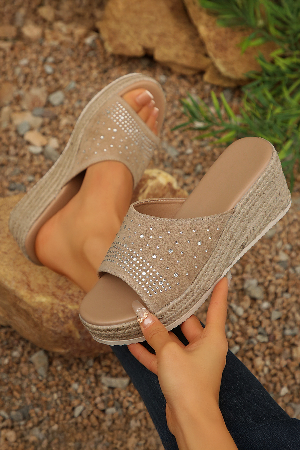 Beige Rhinestone Decor Suede Slip-On Wedge Sandals