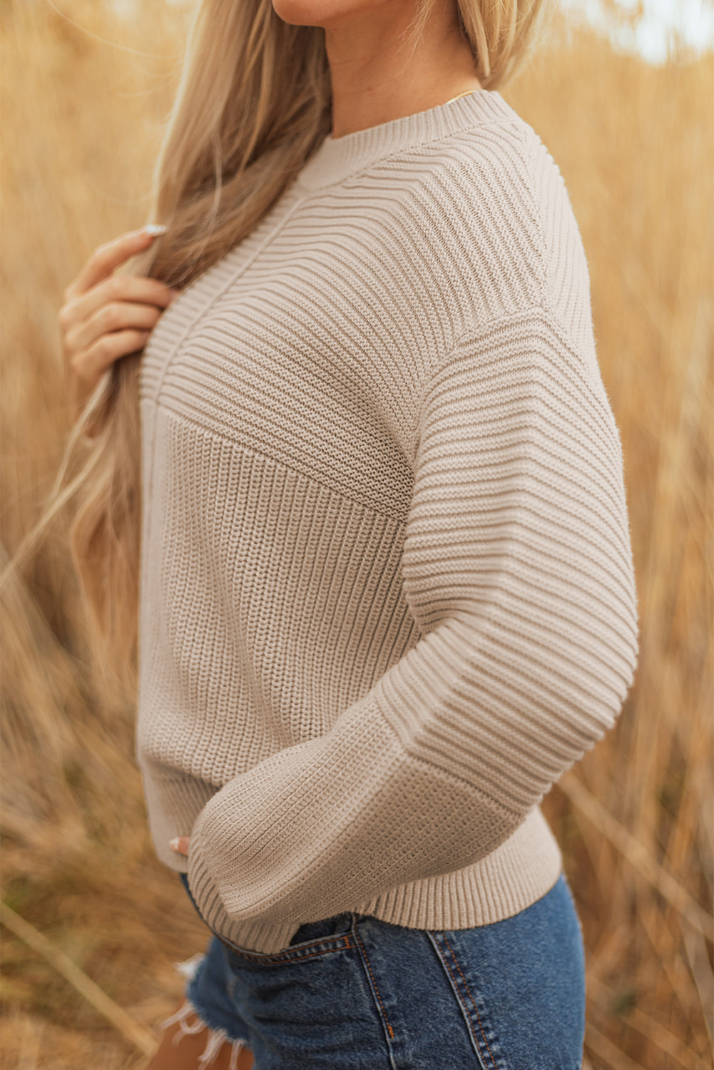 Parchment Mixed Texture Patchwork Knitted Puff Sleeve Sweater