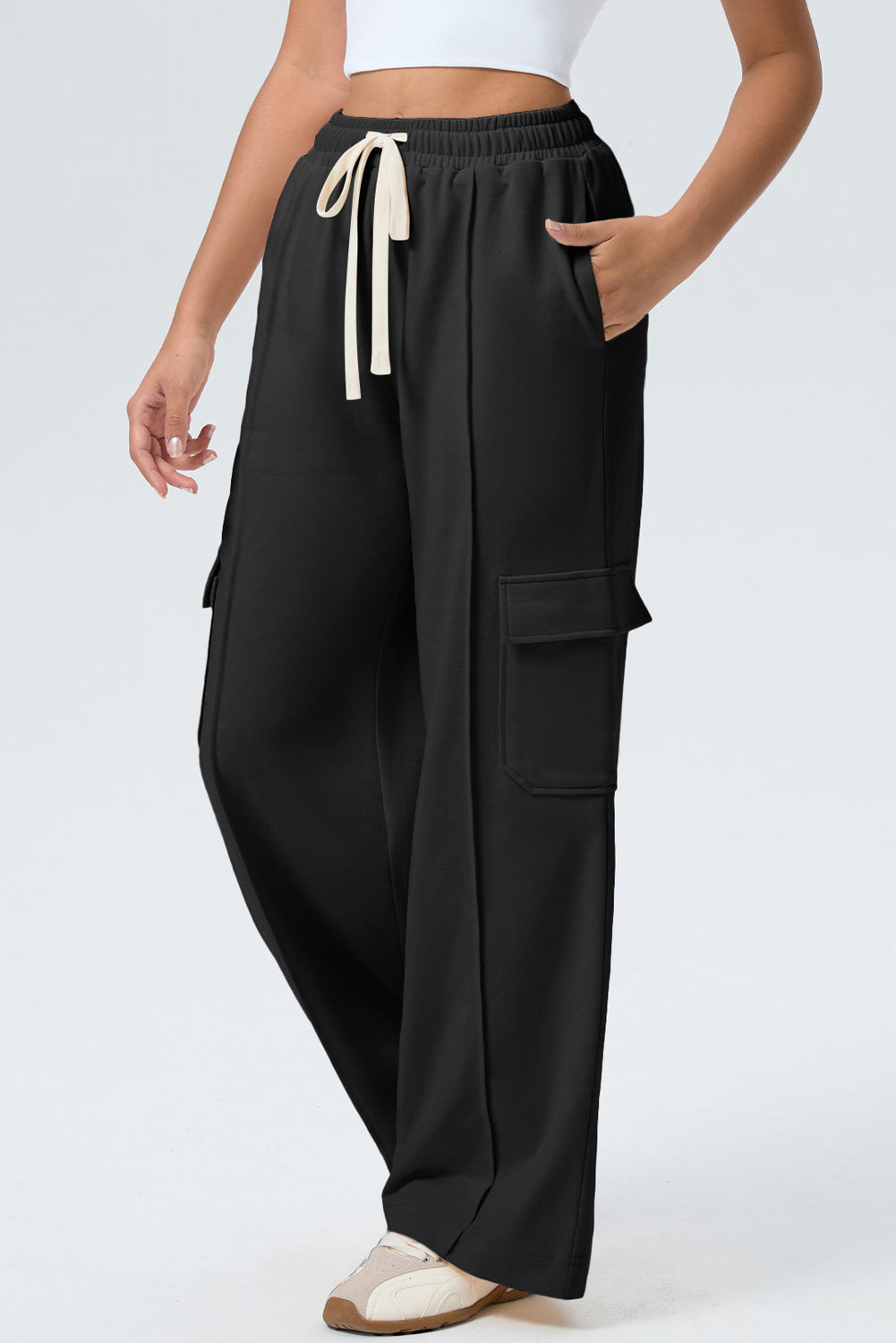 Black Solid Drawstring Elastic Waist Cargo Patch Pocket Active Pants