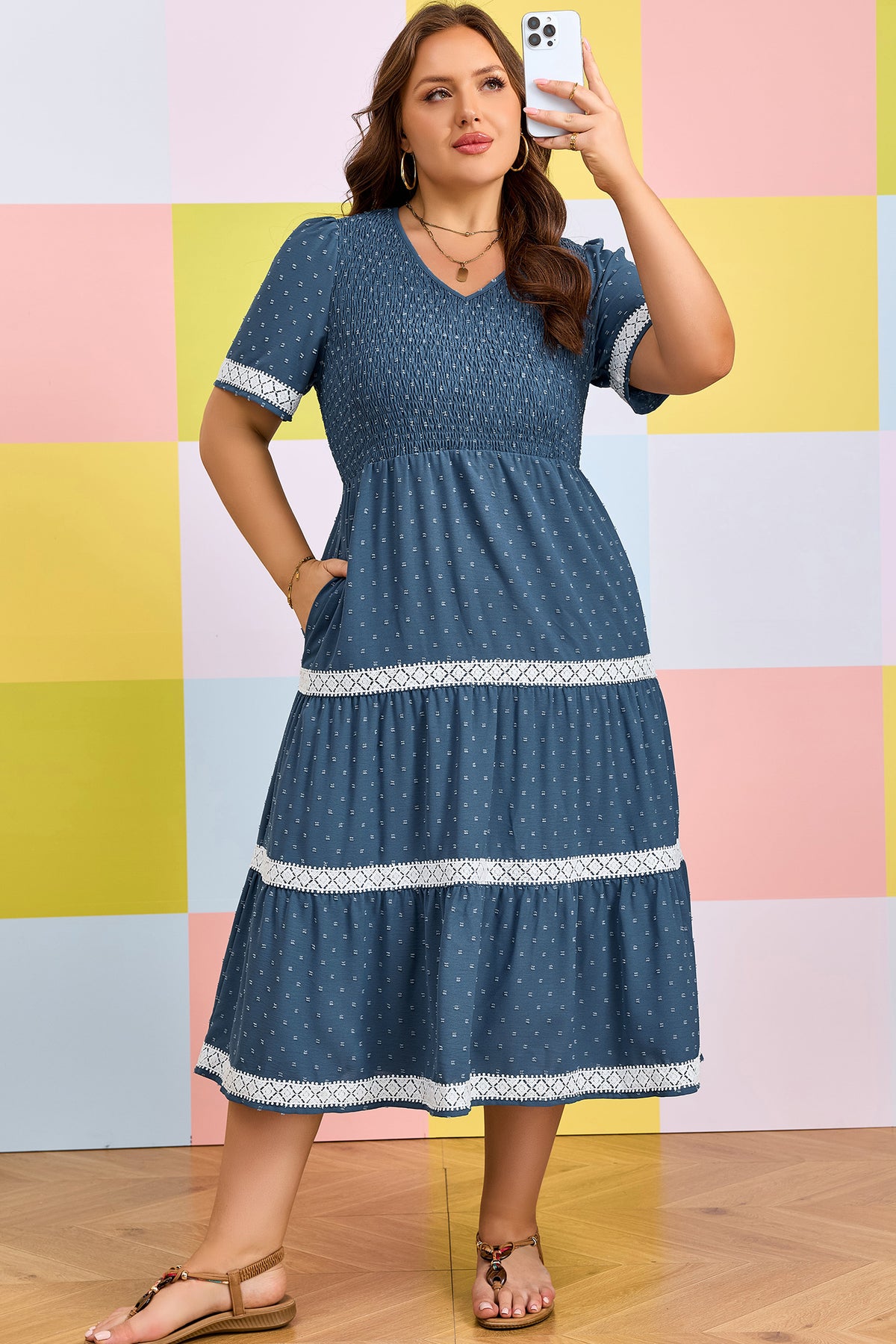Dusk Blue Plus Size V-Neck Swiss Dot Lace Patchwork Detail Flared Midi Dress