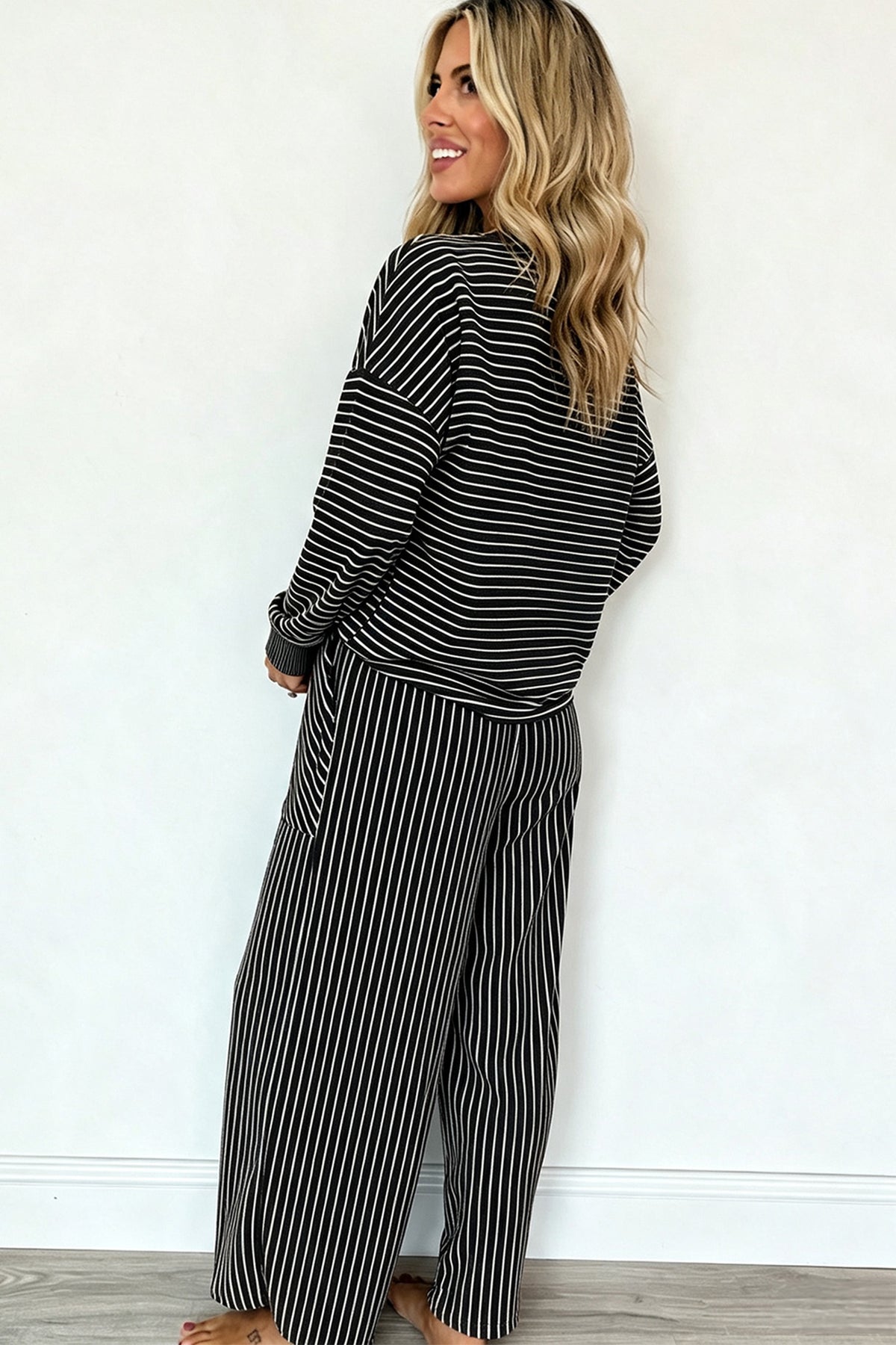 Black Stripe Twist Front Pullover and Pants Set