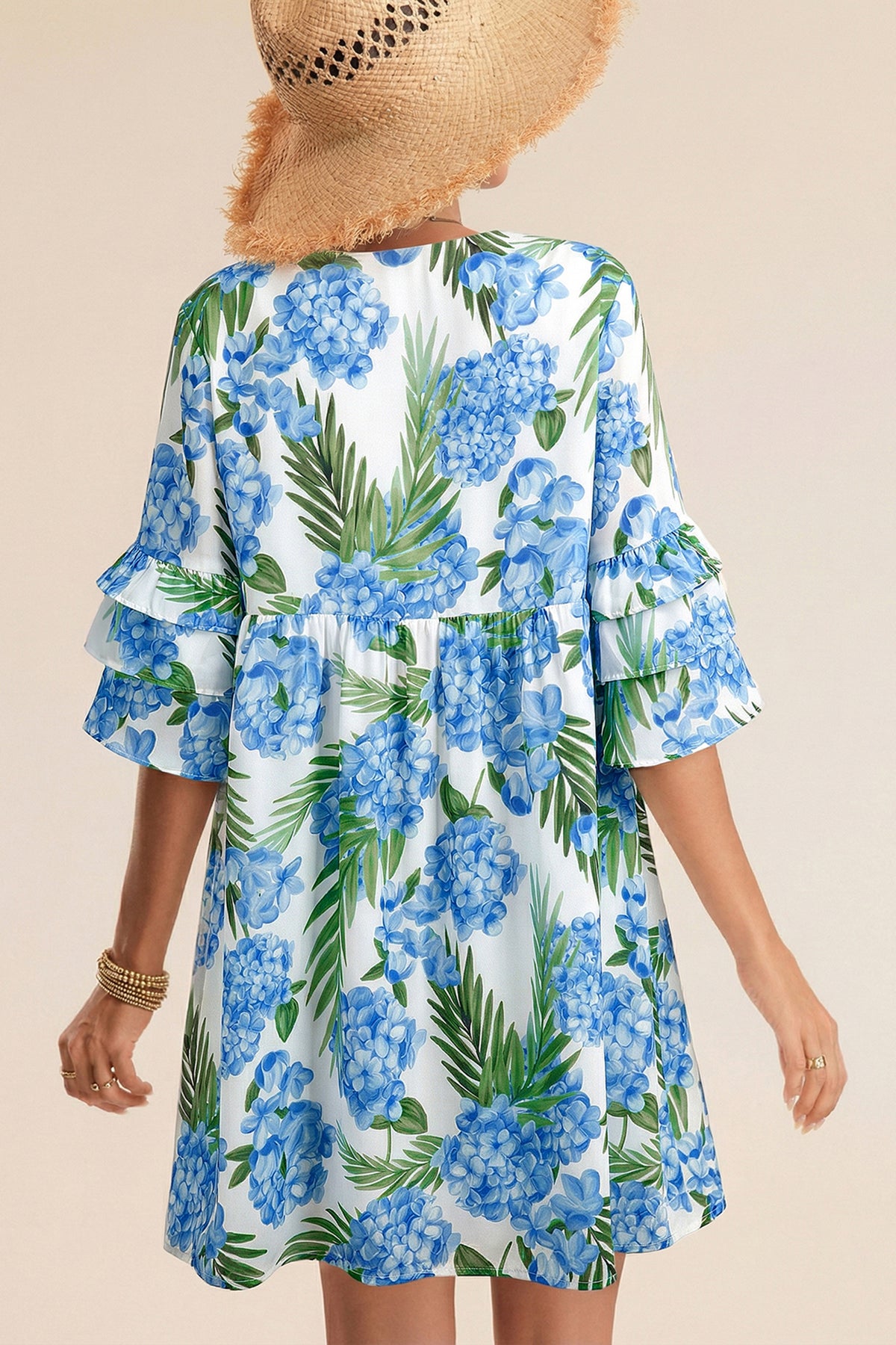 Blue Floral Ruffle Bow Mini Dress
