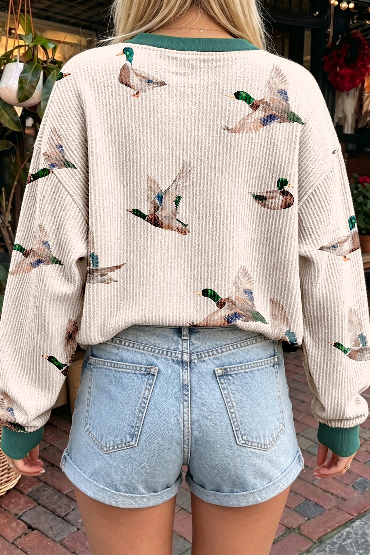 Beige Twisted Ribbed Duck Print Crewneck Top