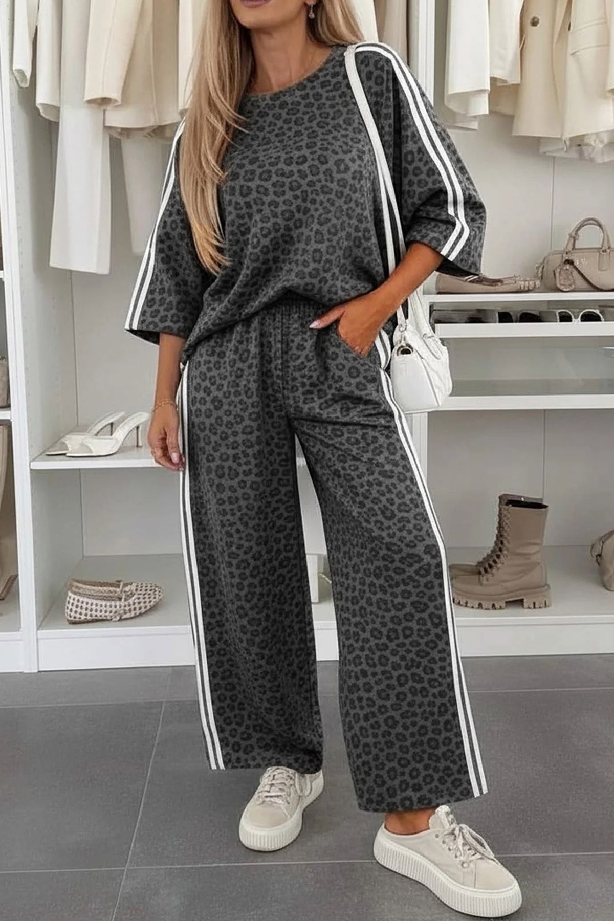 Women's Gray Leopard Print Varsity Striped Detail 3/4 Sleeve Top Shift Pants Set