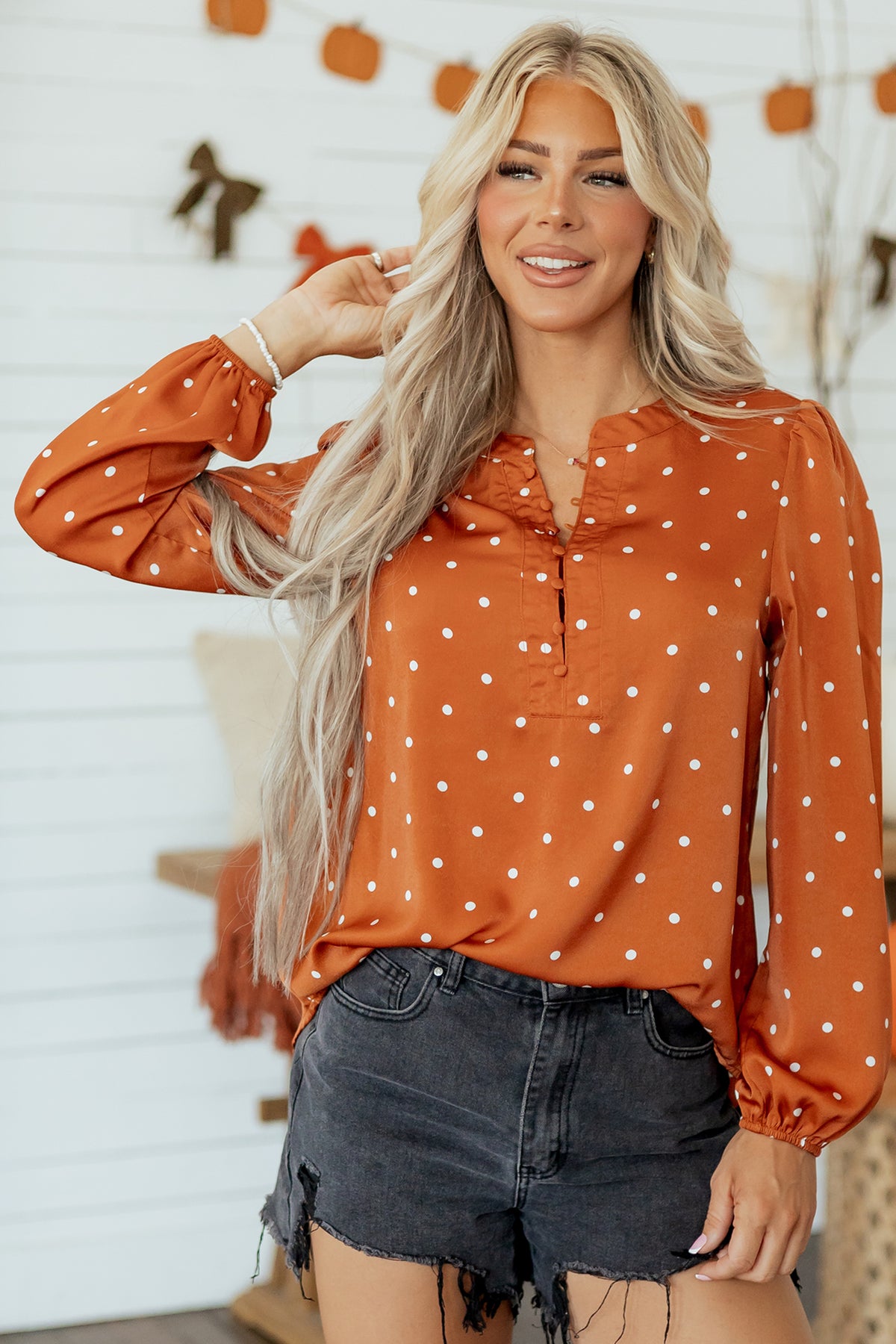 Brown Polka Dot Half Button V Neck Blouse