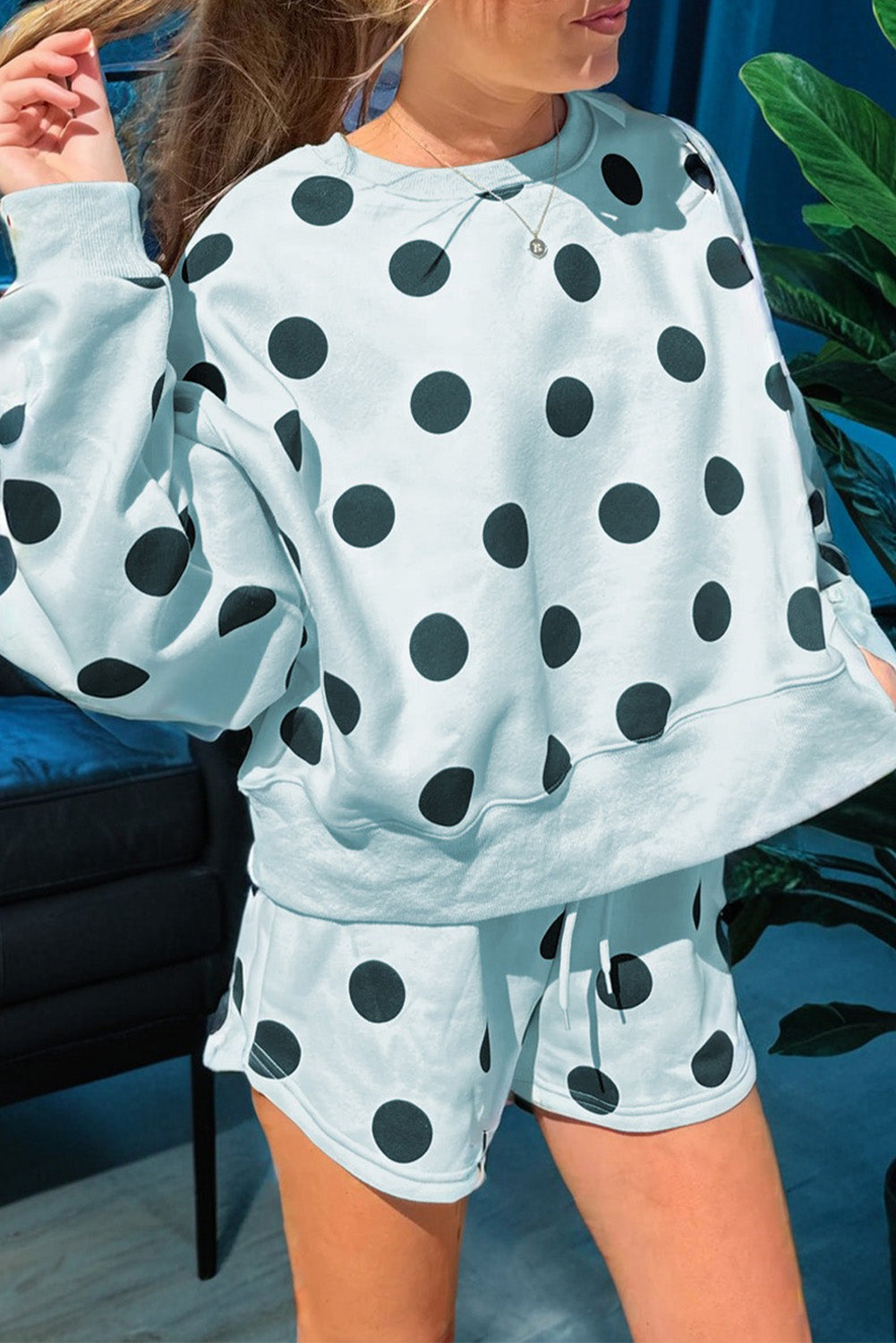 Women's Beige Polka Dot Print Drop Shoulder Pullover Drawstring Shorts Set