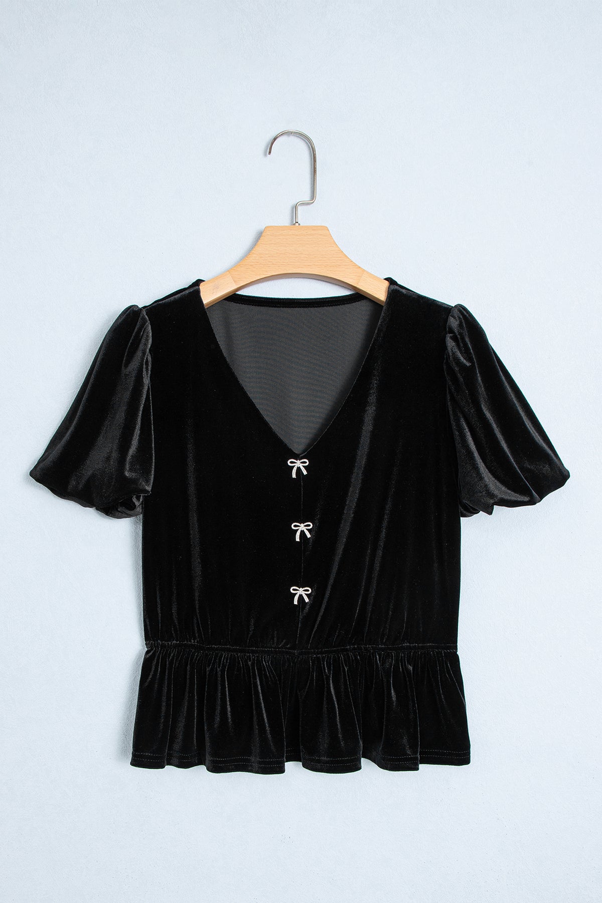 Black V Neck Bow Decoration Peplum Hem Short Sleeve Blouse
