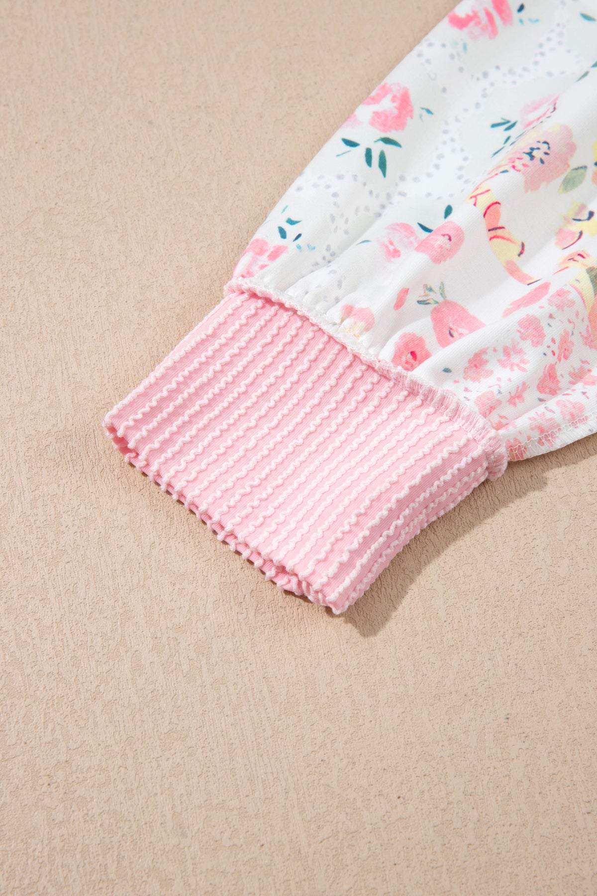 Pink Twisted Ribbed Trim Floral Print Patchwork Top
