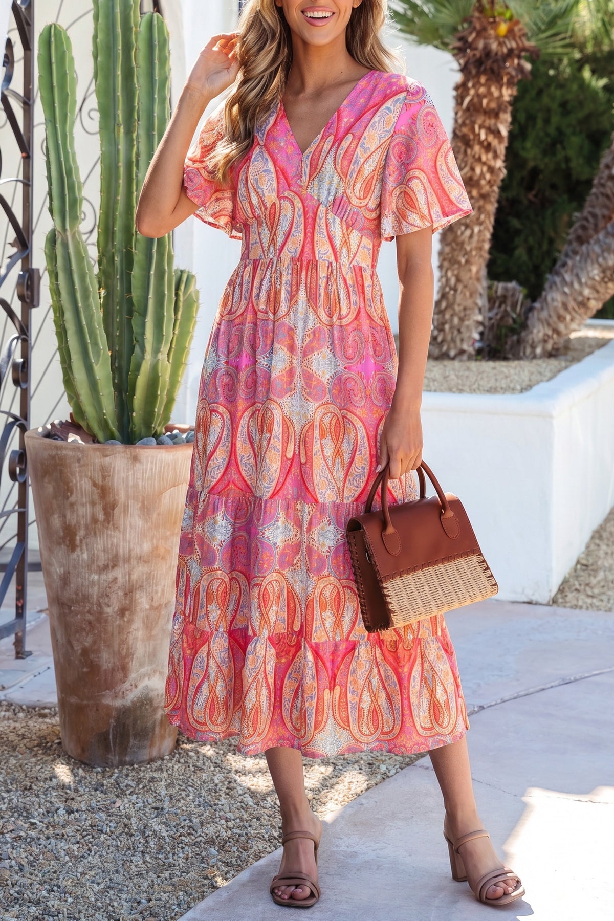 Multicolour Paisley Ruffle V-Neck Maxi Dress