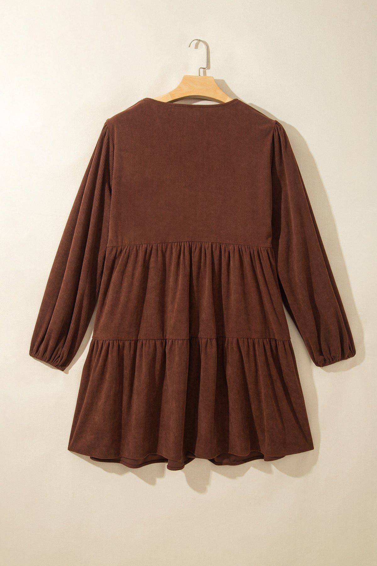 Coffee Winter Corduroy V-Neck Long-Sleeve Plus Size Mini Dress