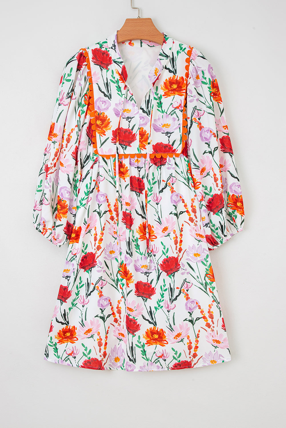 Beige Floral Print 3/4 Puff Sleeve Ricrac Trim Mini Dress