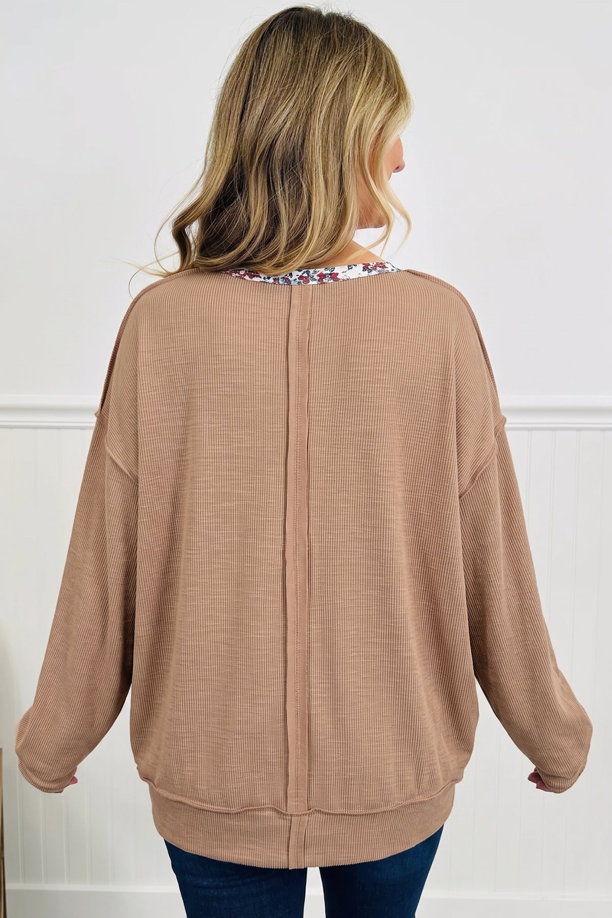 Light Beige Floral Trim U Neck Tunic Top