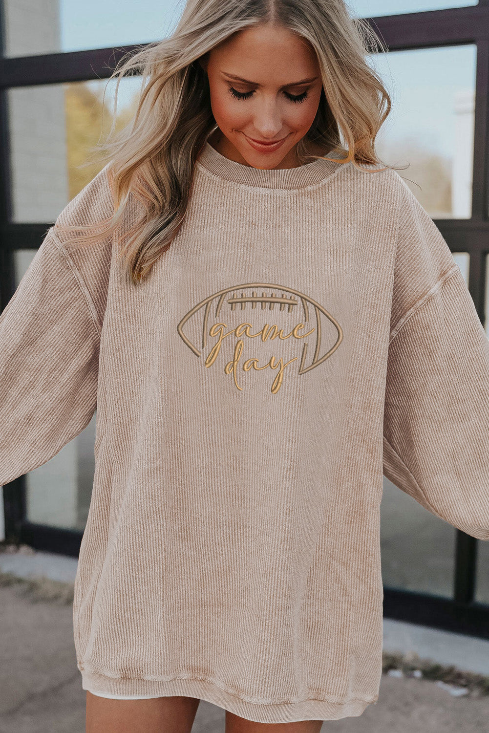 Apricot Rugby Game Day Embroidered Corduroy Sweatshirt