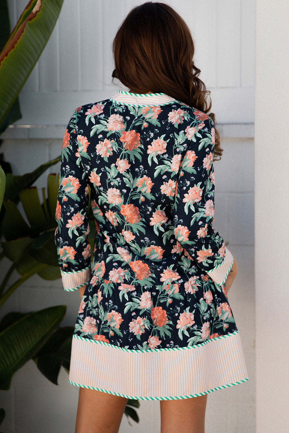Blue Floral Striped V Neck Long Sleeve Ruffle Hem Shift Mini Dress