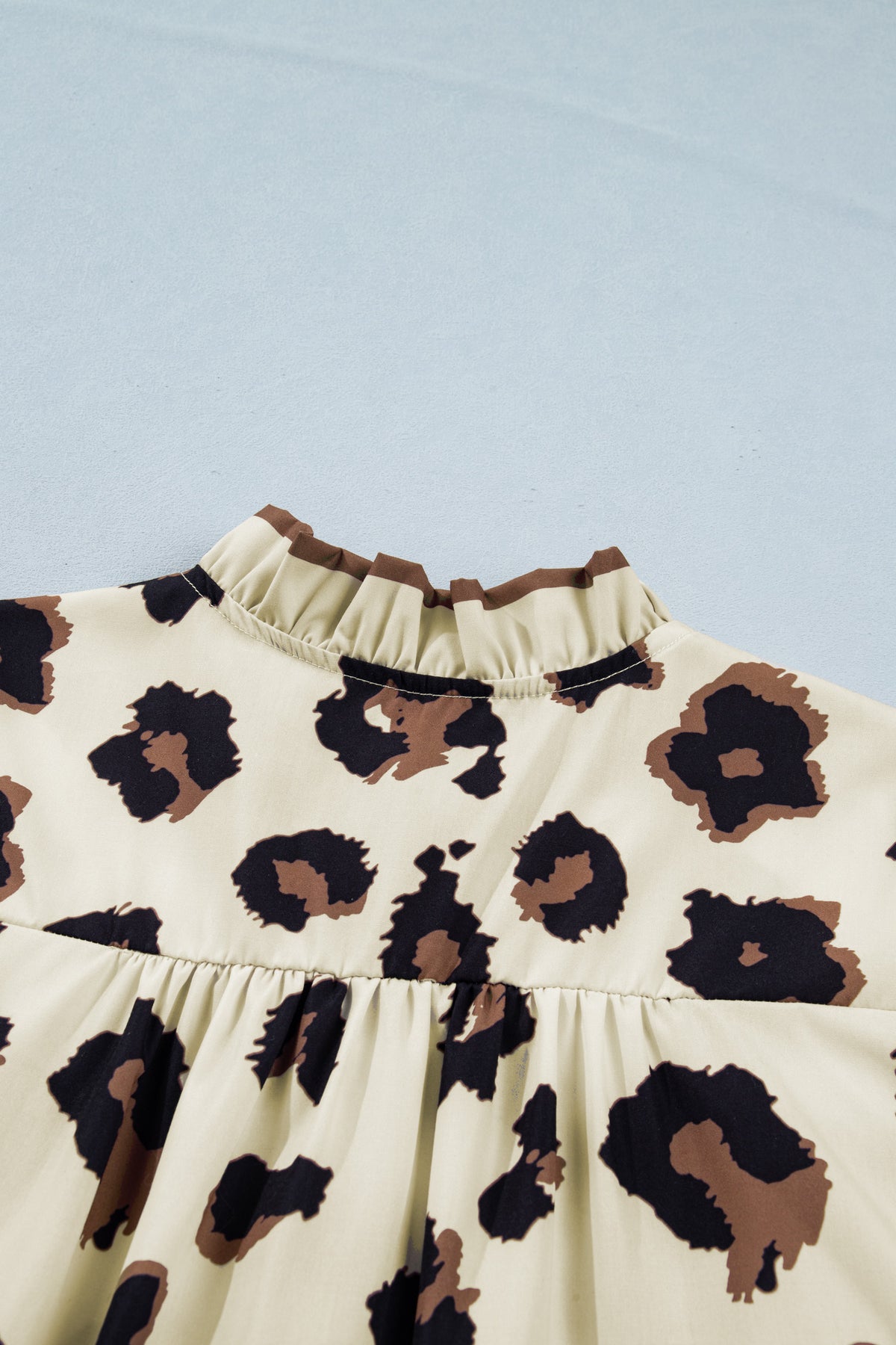 Khaki Plus Size Leopard Print Frilled Color-Block Trim Button Down Short-Sleeve Blouse