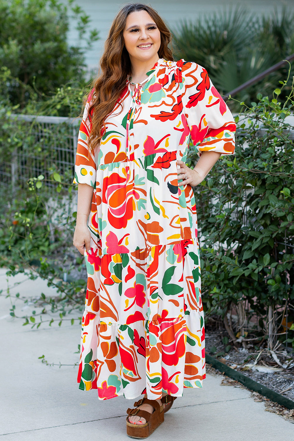 Orange Floral Print Drawstring V-Neck Tiered Plus Size Dress