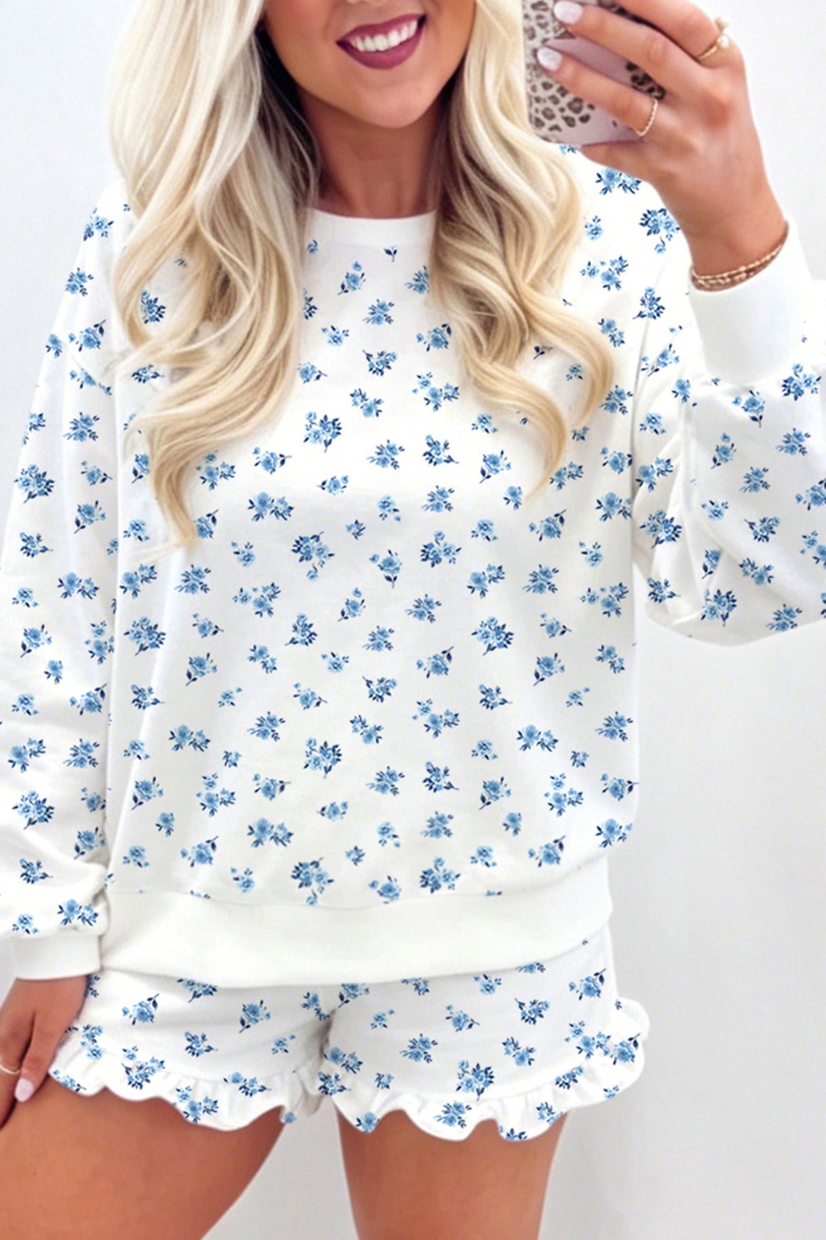 Women's Sky Blue Floral Print Long-Sleeve Top & Ruffle Shorts Two-Piece Set