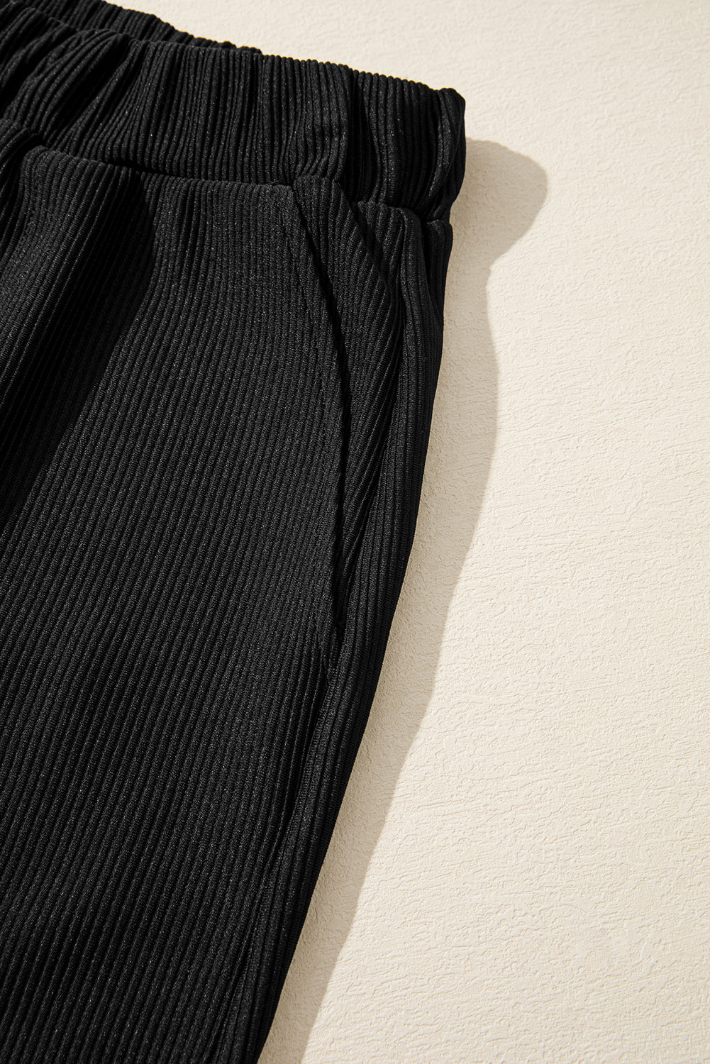 Women's Black Ribbed Texture Baggy Drop Shoulder Pullover and Shorts Set