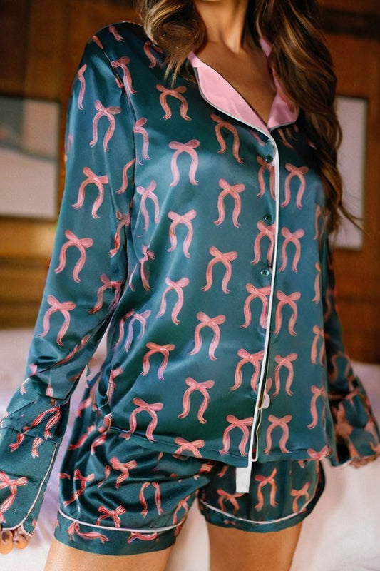 Green Bow Print Silky Long Sleeve Shirt and Shorts Pajama Set
