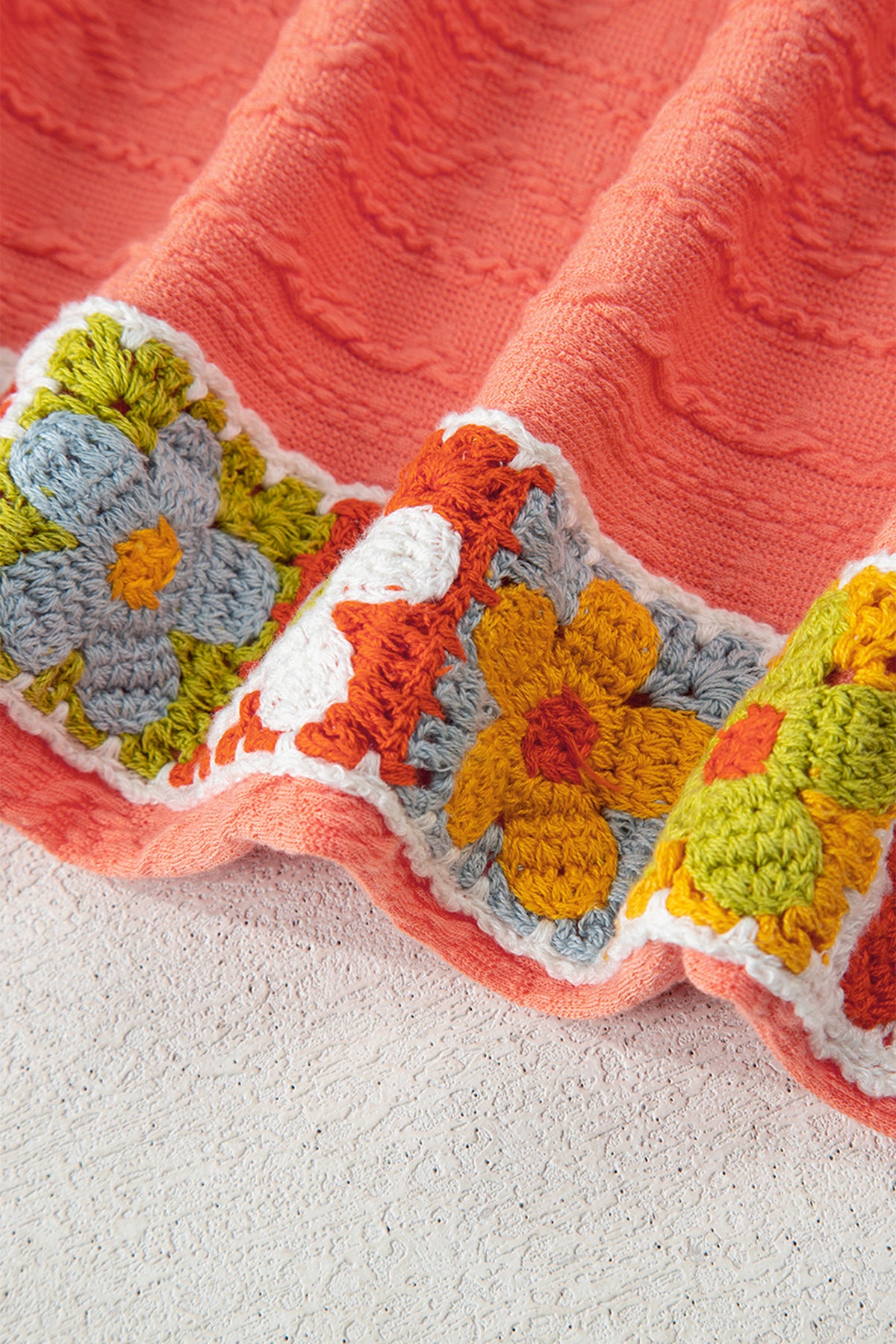 Women's Grapefruit Orange Crochet Floral Accent V-Neck Textured Pants Set
