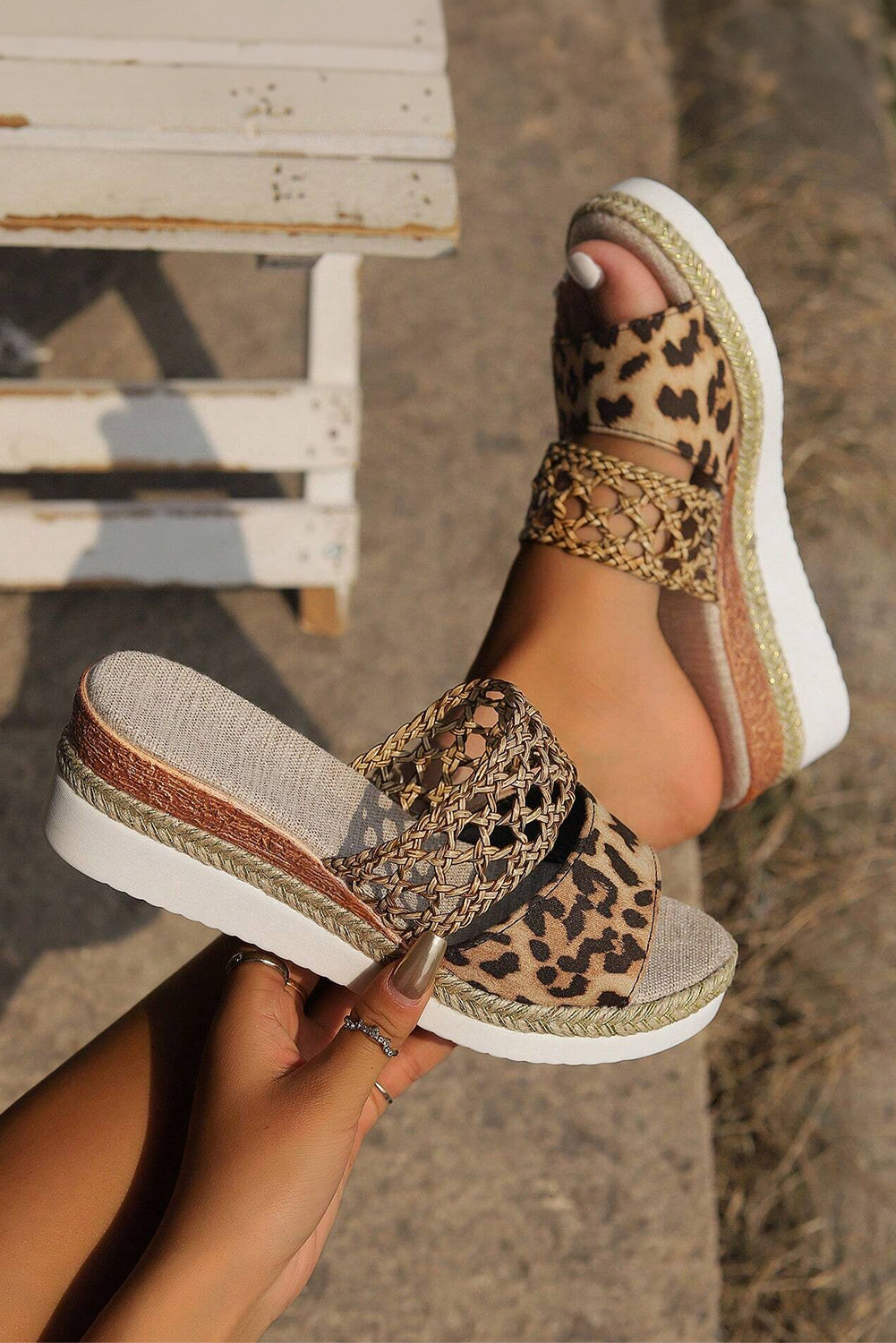 Chestnut Leopard Braided Wedge Sandals