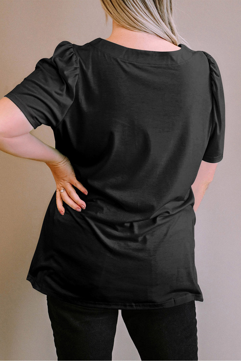 Black Plus Size Square Neck Ruched Shoulder Short-Sleeve Top