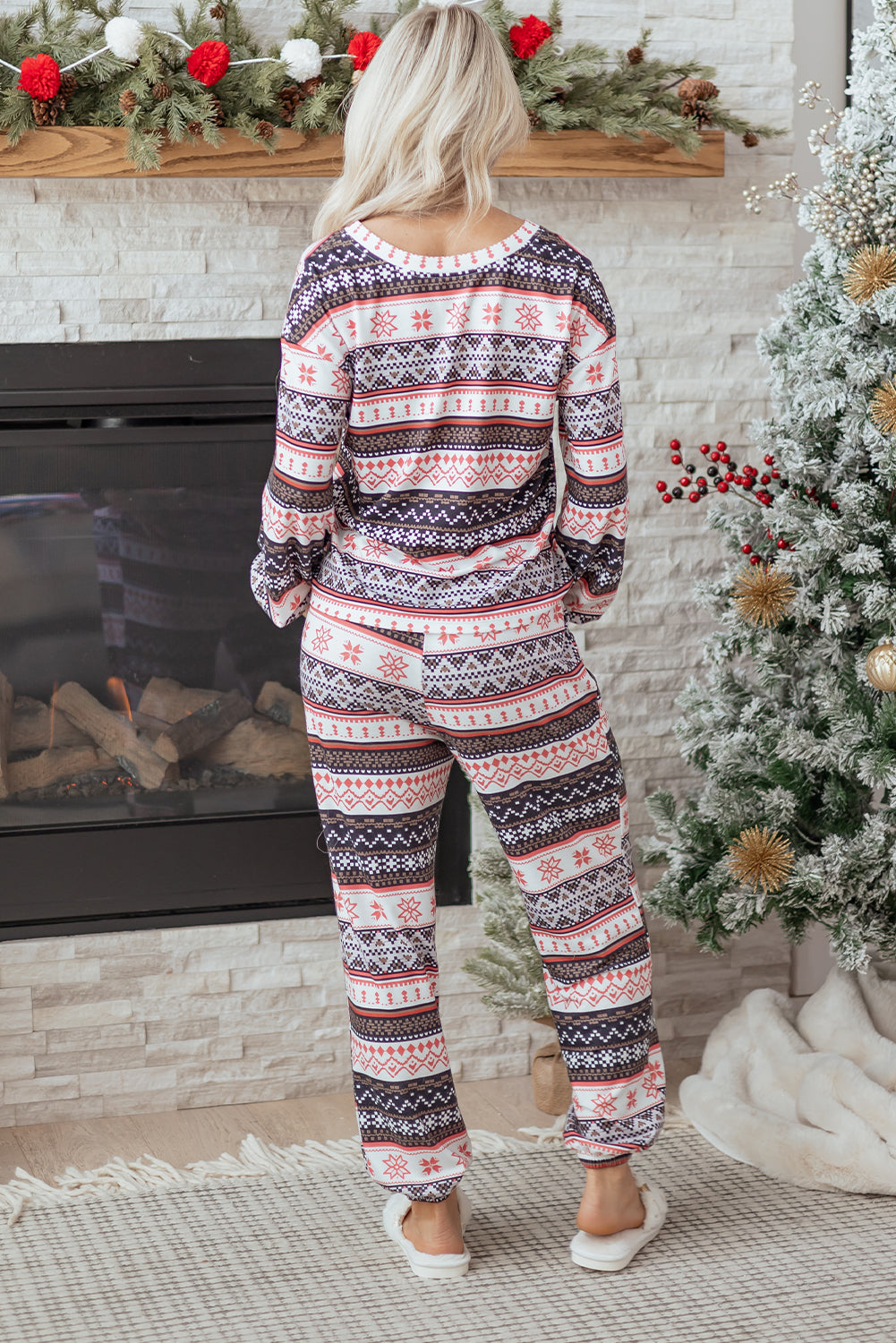 Black Retro Christmas Pattern Loose Pullover Lounge Pant Set