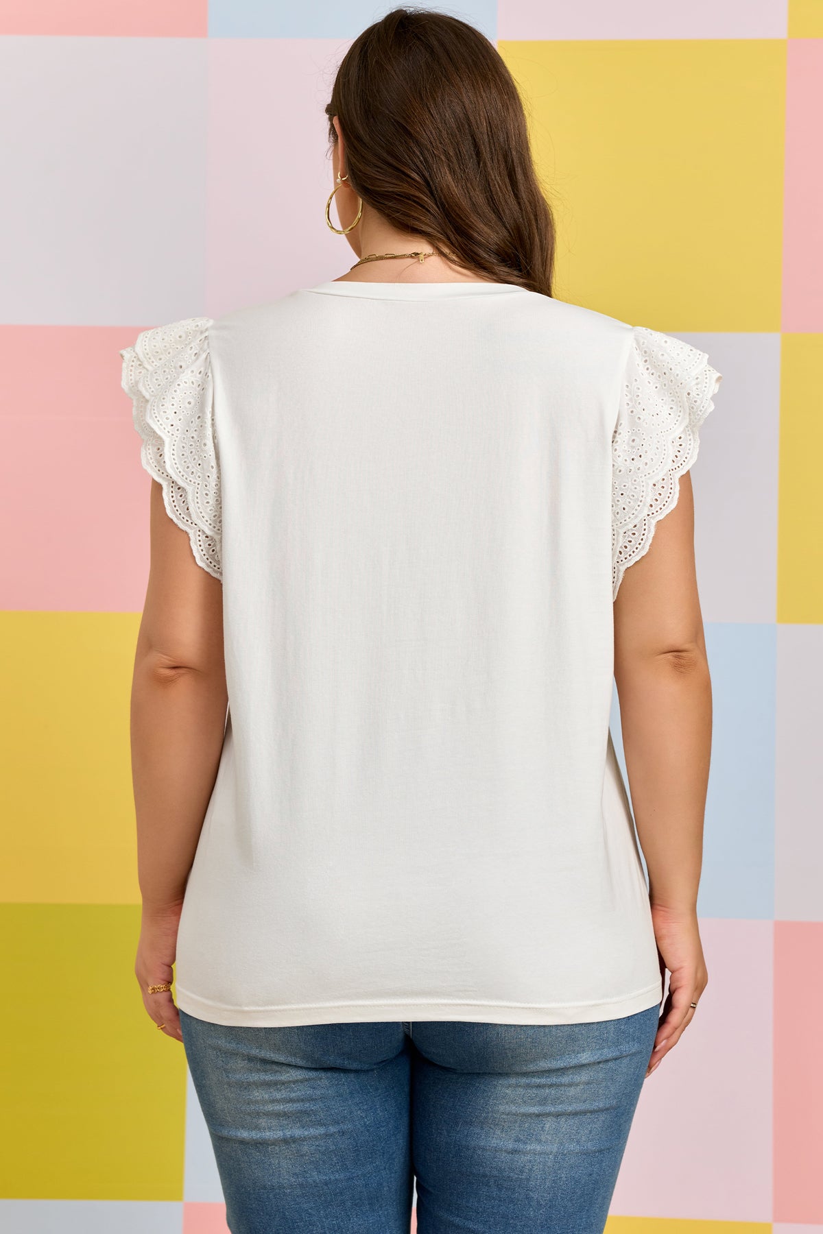 White Eyelet Crochet Splicing Short-Sleeve Plus Size Tee