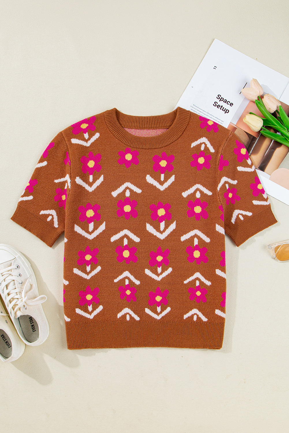 Brown Floral Short Puff Sleeve Sweater