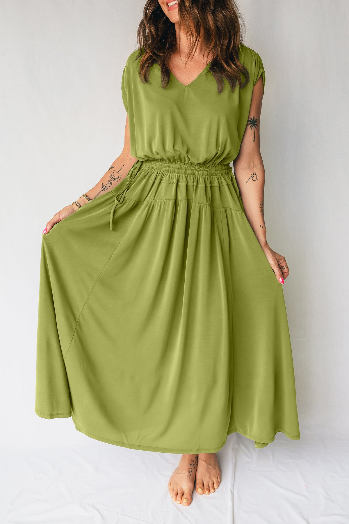 Fern Green Solid V Neck Cap Sleeve Tunic Elastic Waist Maxi Dress