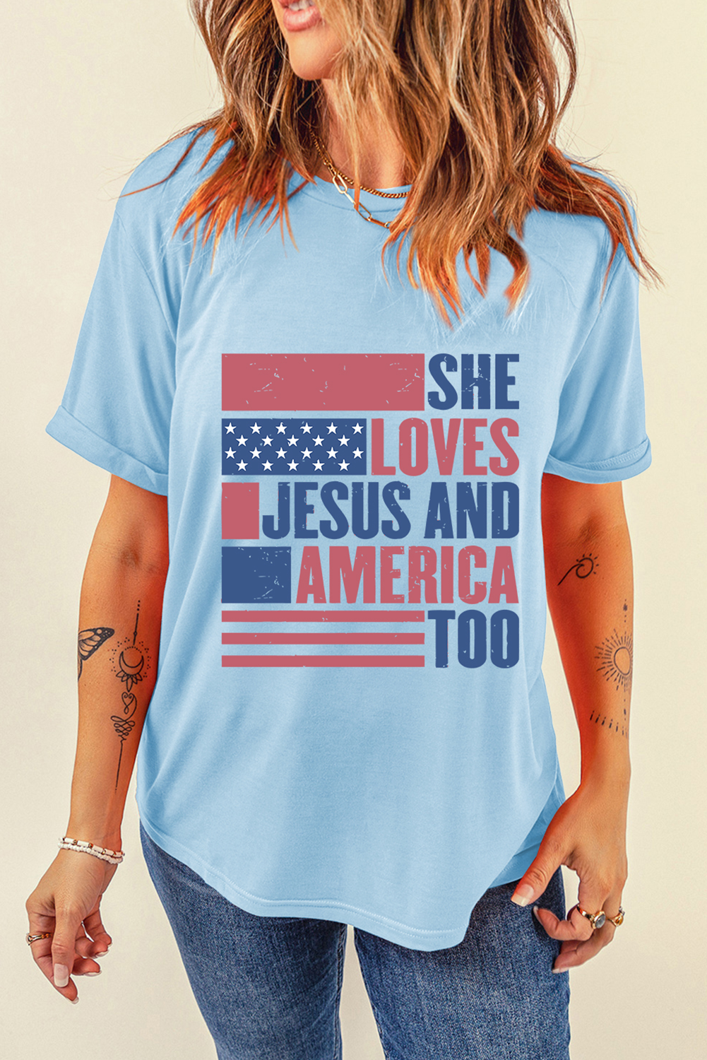Light Blue SHE LOVES JESUS AND AMERICA TOO Flag Graphic T-Shirt