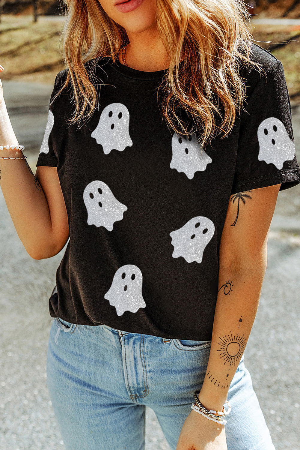 Black Glitter Ghost Pattern Crew Neck Halloween T-Shirt