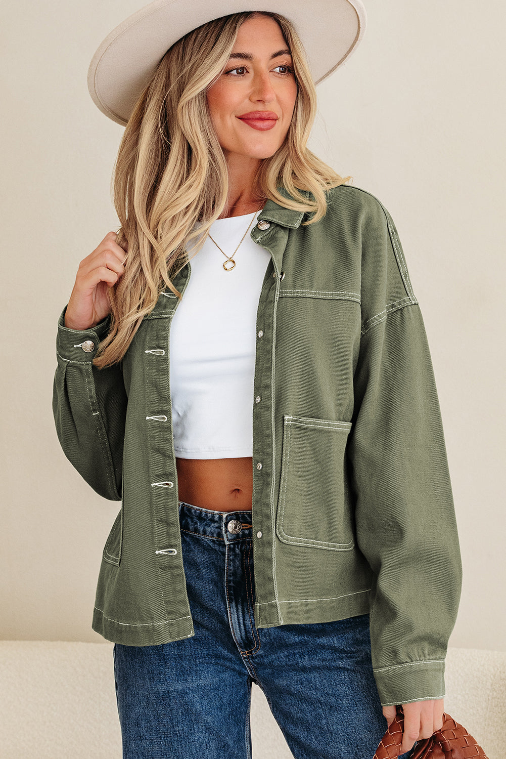 Smoke Green Patched Pocket Collared Boyfriend Denim Jacket