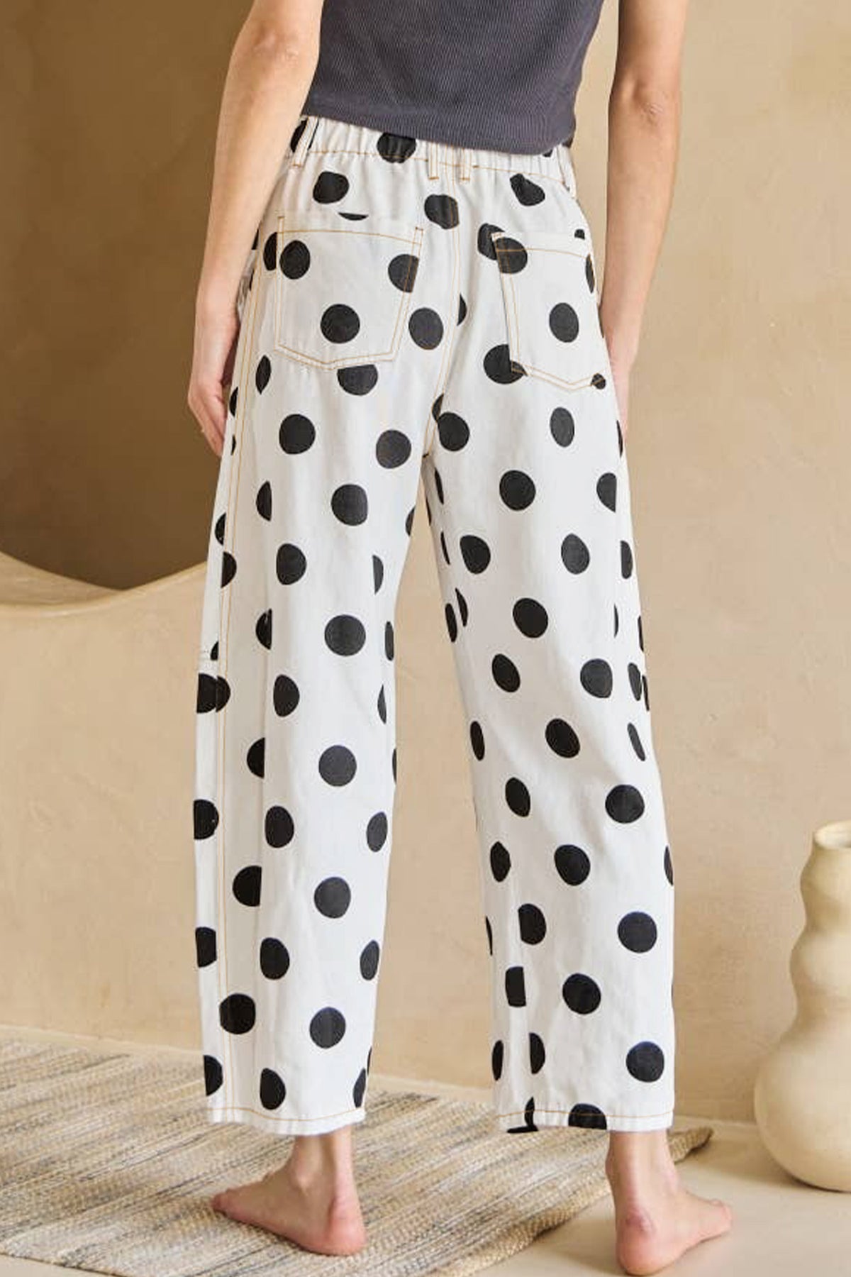Sky Blue Polka Dot Print Bow Pocketed Barrel Jeans