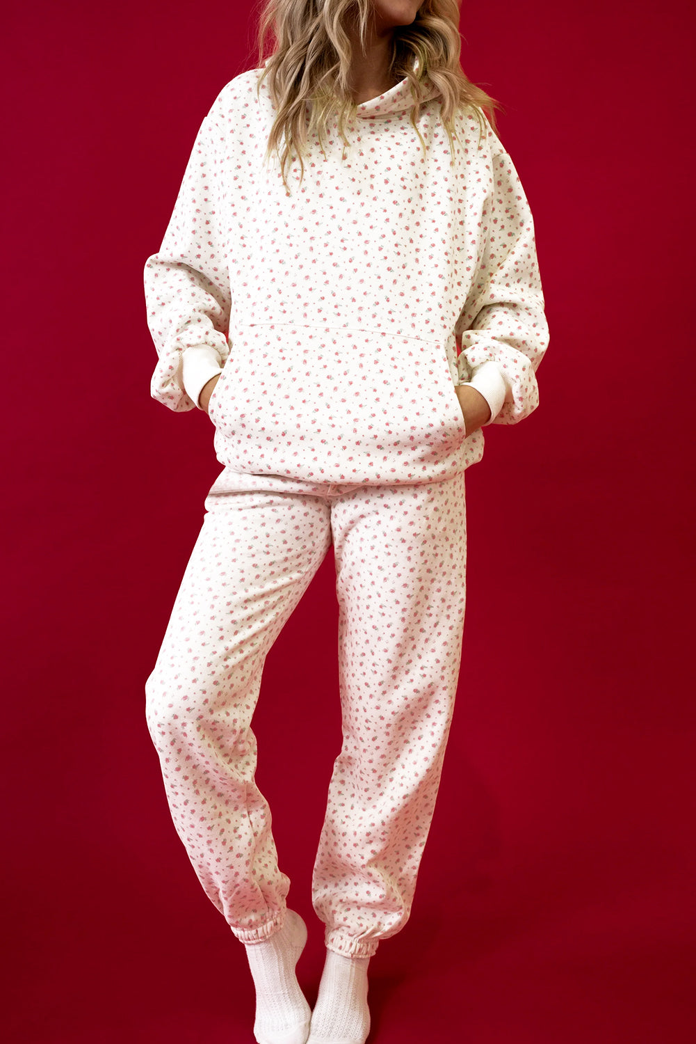 Women's Pink Floral Print Kangaroo Pocket Hoodie Sheath Sweatpants Set