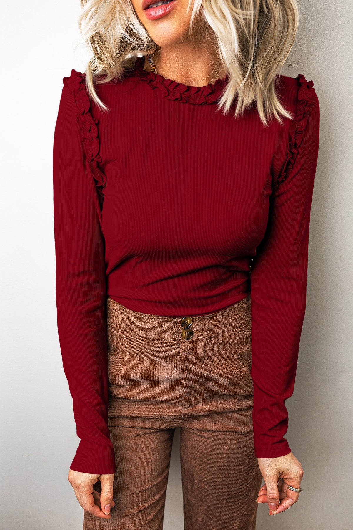 Red Dahlia Solid Color Round Neck Frill Top