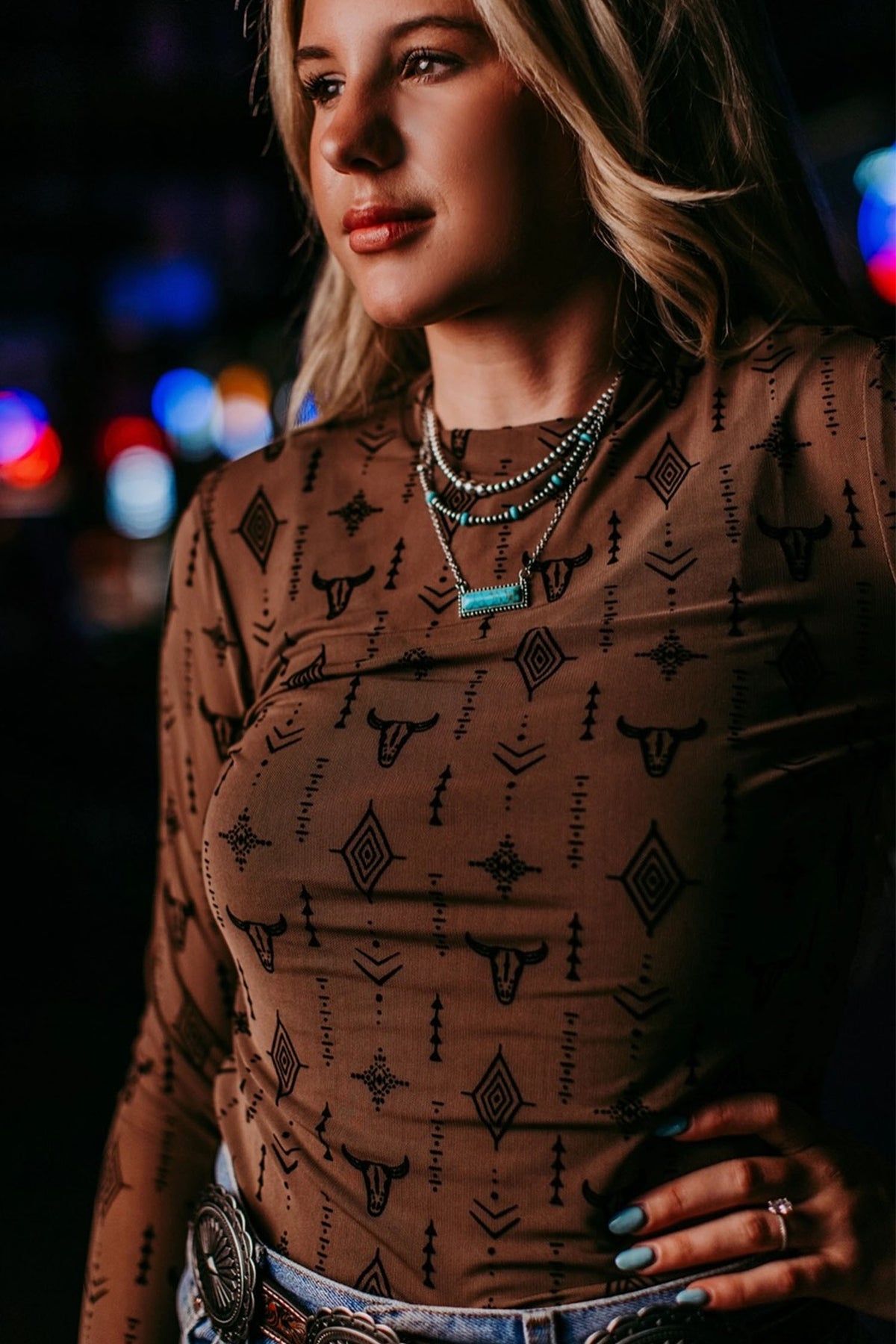 Chestnut Retro Western Print Mesh Sheath Top