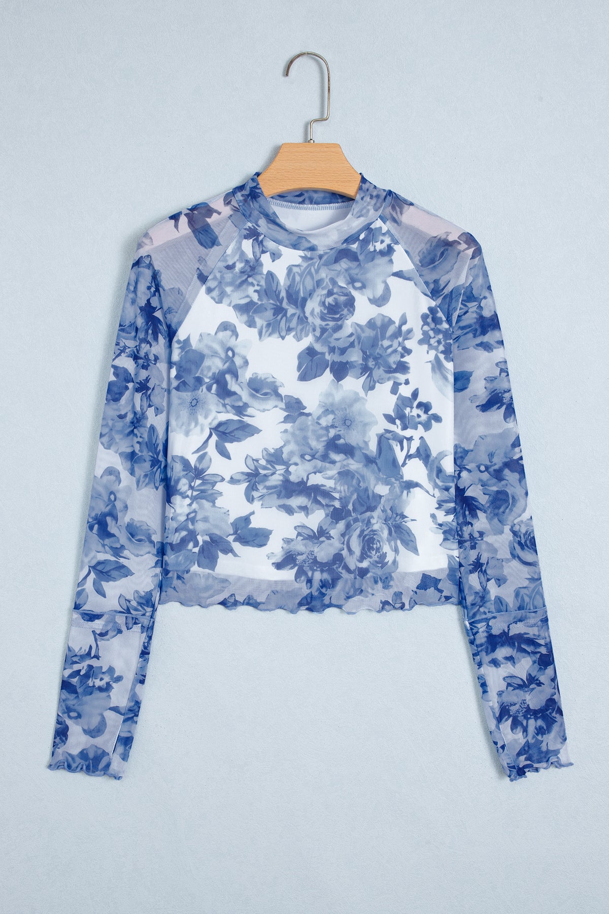 Sky Blue Floral Print Stand Neck Mesh Top