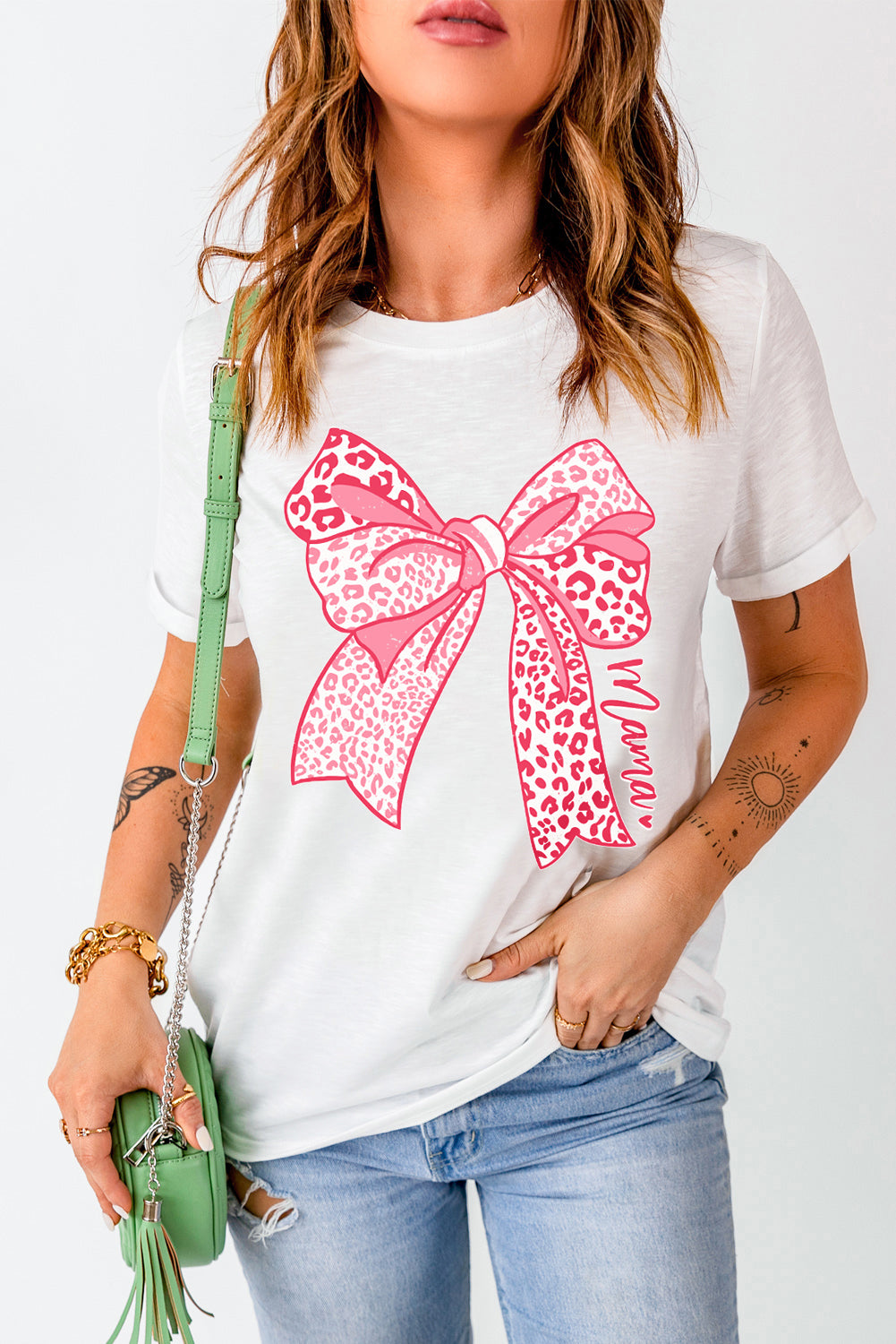 White Leopard Bow Graphic Mothers Day Fashion T-Shirt