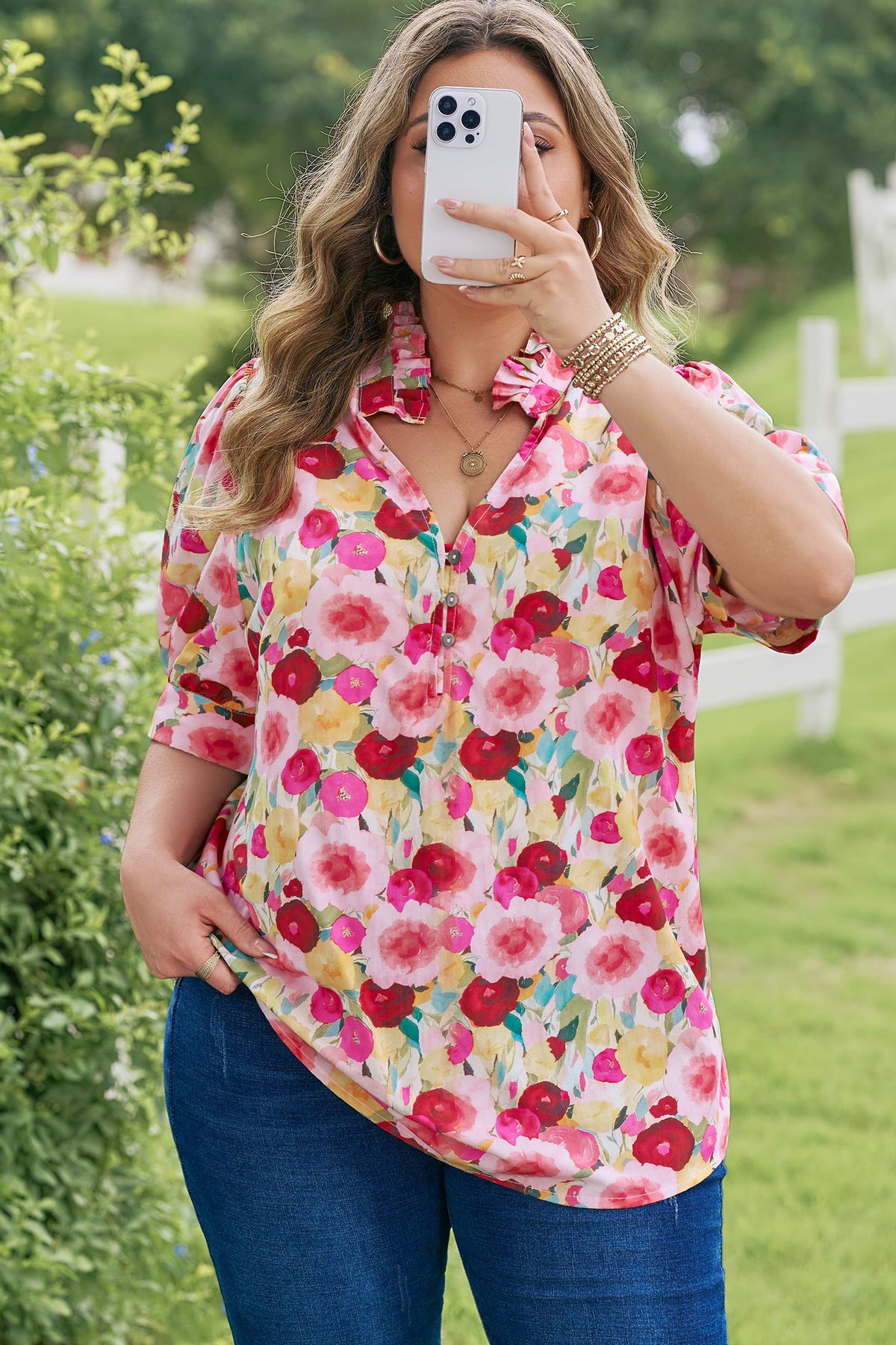 Pink Plus Size Flower Print Split V-Neck Puff Short-Sleeve Top