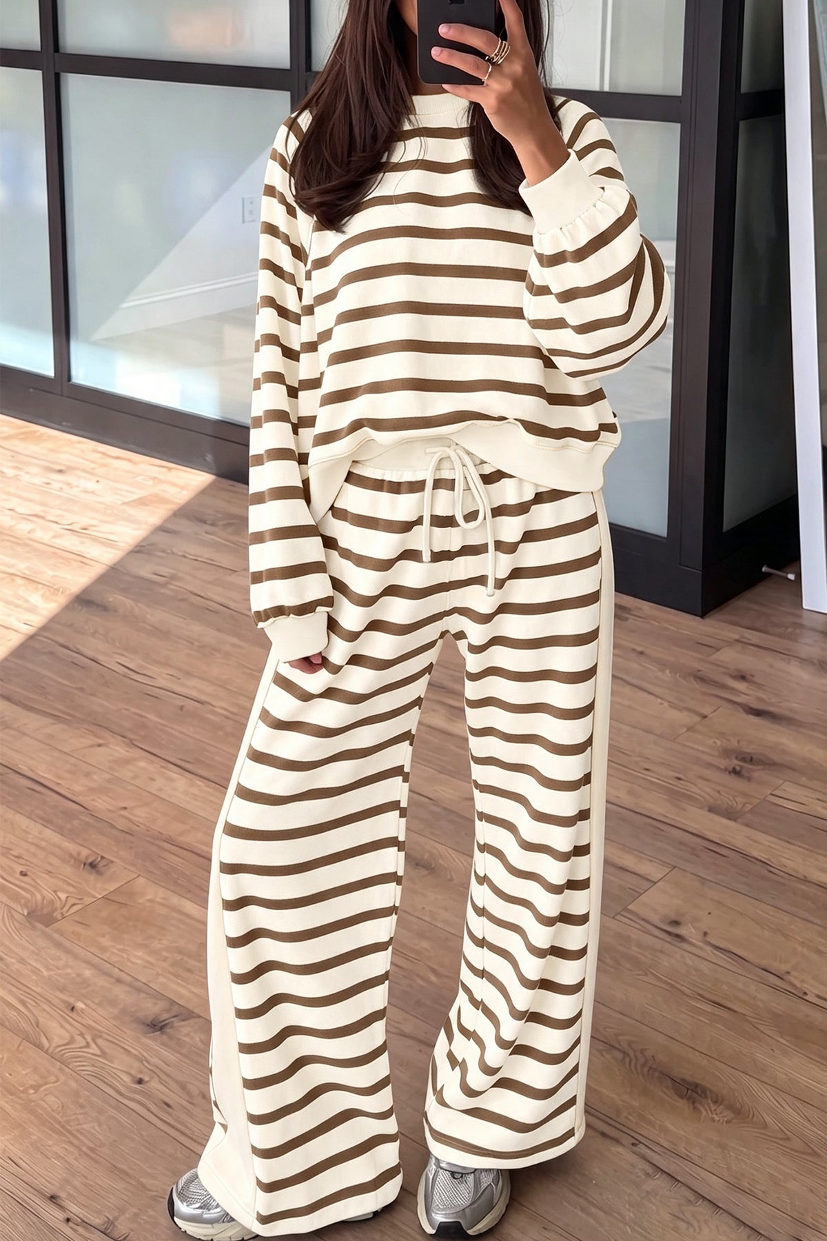 Women's Khaki Stripe Relaxed Long-Sleeve Top Color Block Detail Drawstring Pants Set