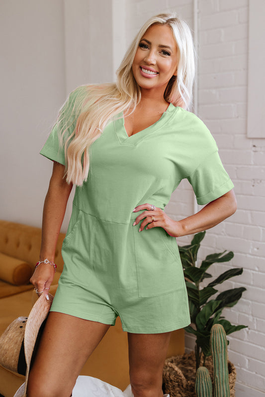 Grass Green Loose Half Sleeve V Neck Knit Romper