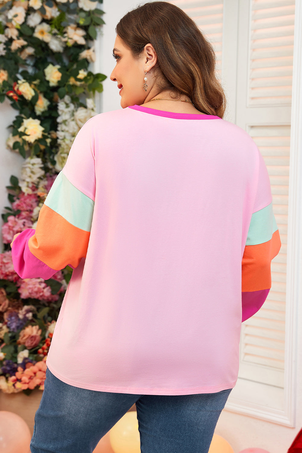 Pink Color-Block Patchwork Long-Sleeve Plus Size Top