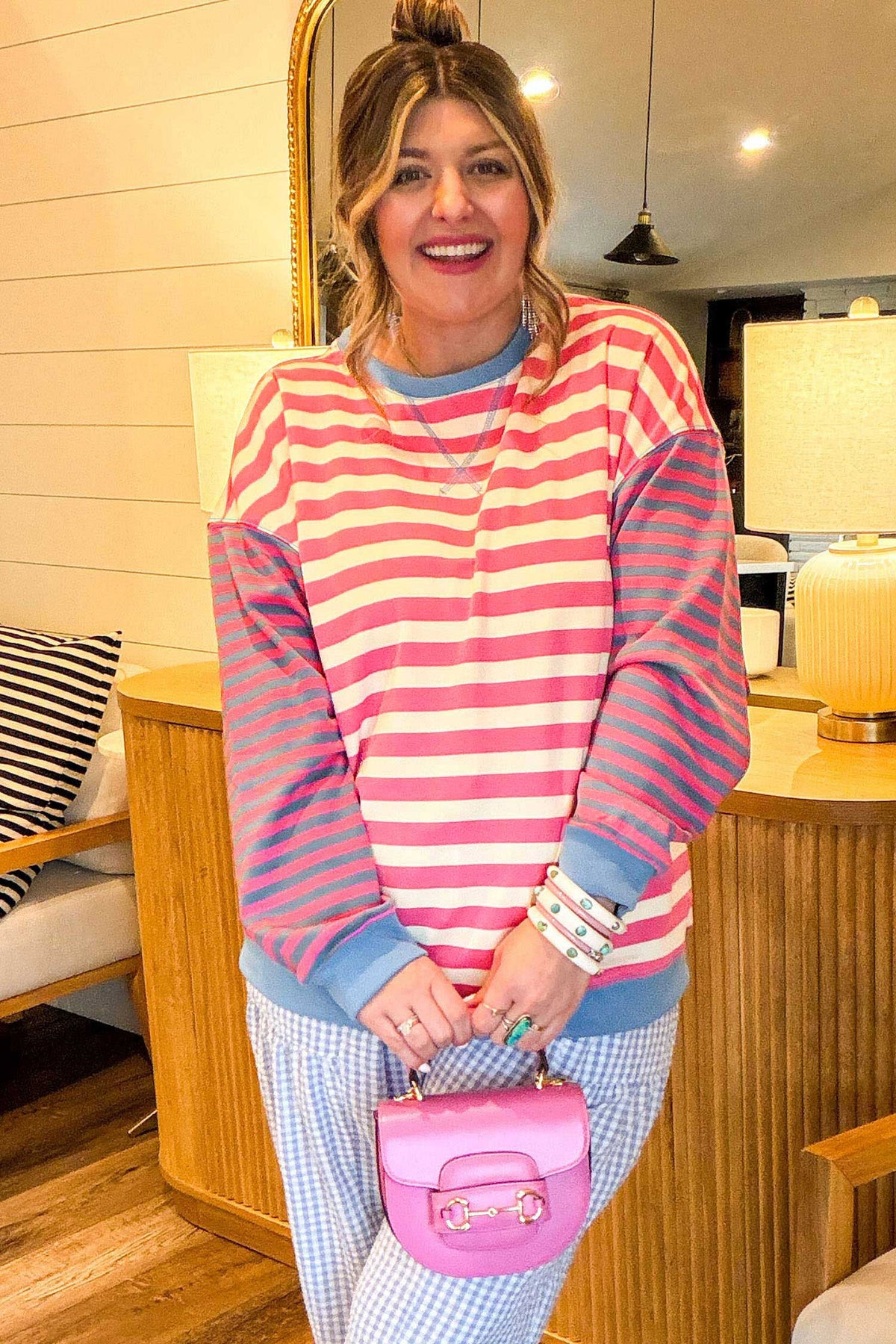 Pink Stripe Colorblock Striped Crewneck Long Sleeve Shift Tunic Plus Size Sweatshirt