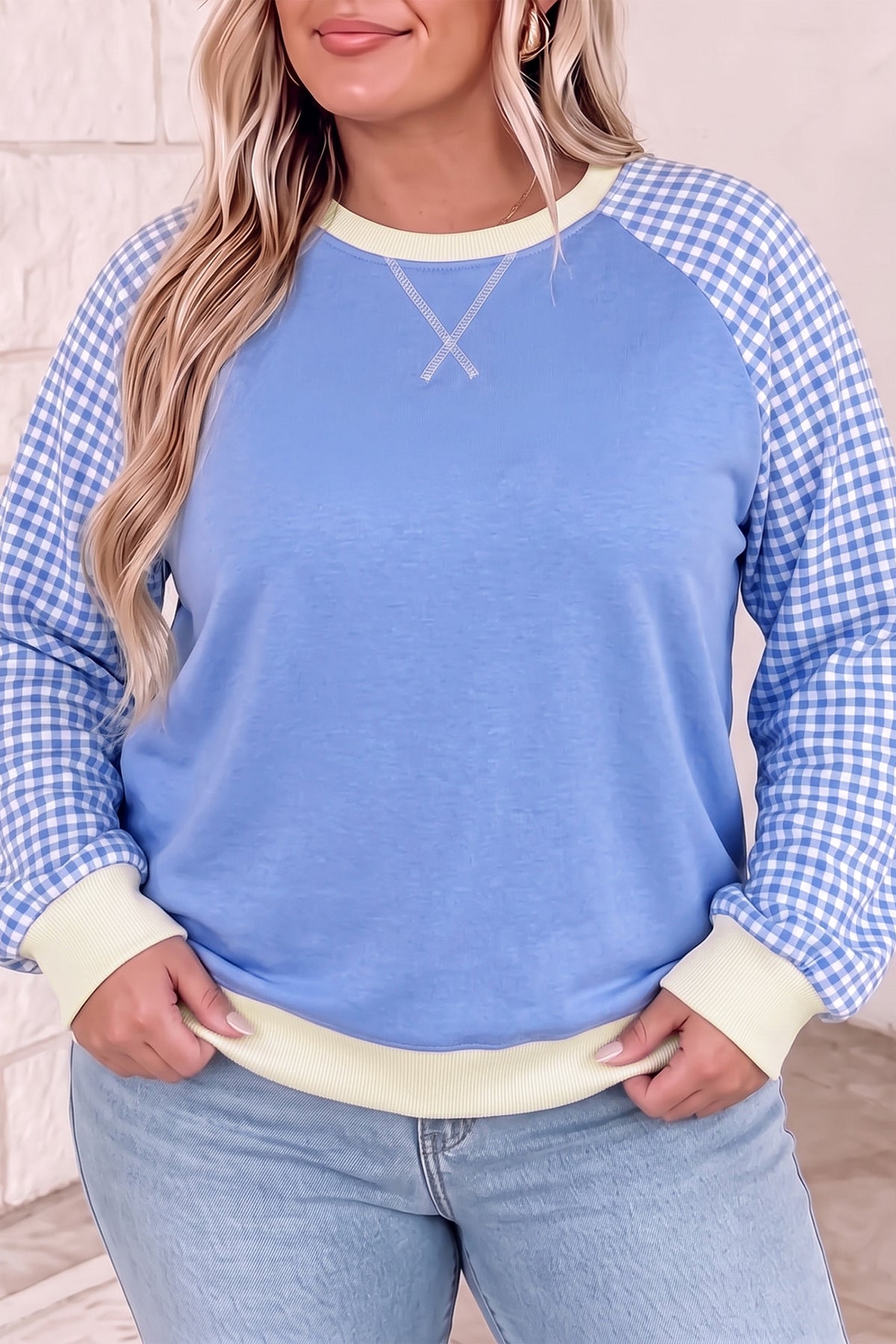 Light Blue Plaid Sleeve Ribbed Colorblock Trim Sweatshirt
