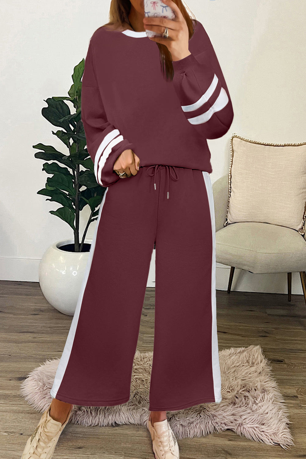 Women's Mineral Red Varsity Stripe Patchwork Puff Sleeve Pullover Wide Leg Pants Two-Piece Set