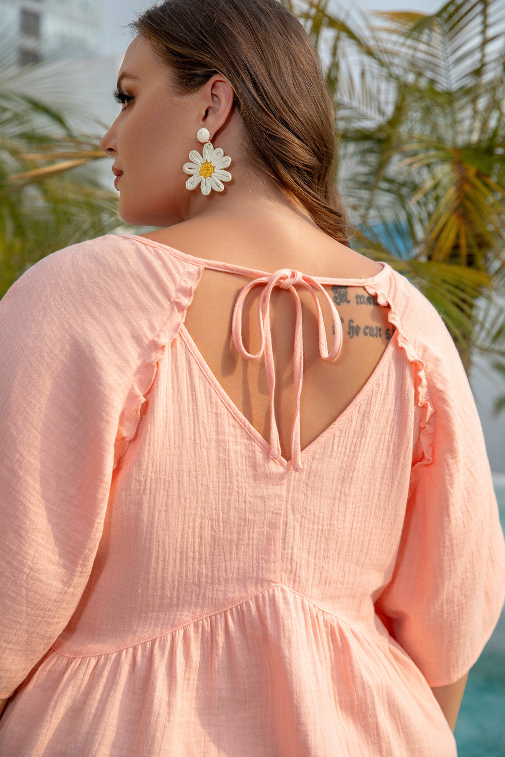 Apricot Pink Plus Size Textured Wide Short-Sleeve Babydoll Blouse